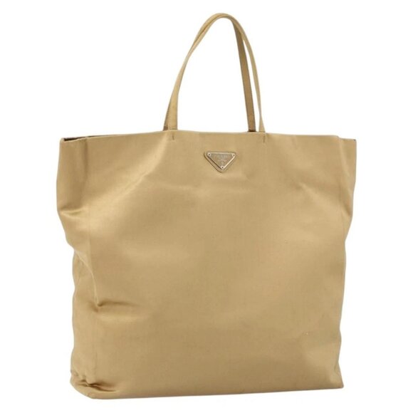 PRADA Tote Bag Satin Beige Silver Auth 156863